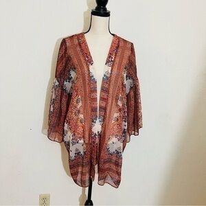 American Eagle outfitters Floral Print Open Front Boho Kimono M Brown/White